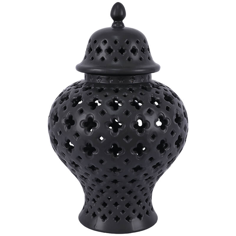 BLACK PIERCED GINGER JAR/LID 37CM