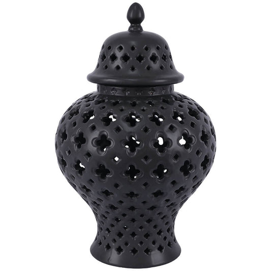 BLACK PIERCED GINGER JAR/LID 37CM