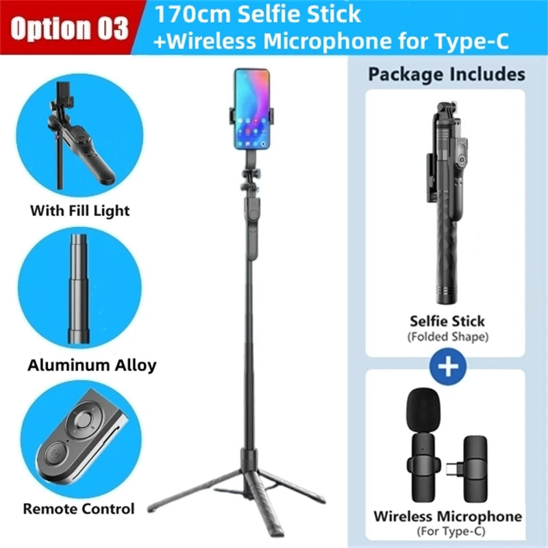 1.7-meter Wireless Selfie Stick Tripod Stand Foldable Monopod With Led Light For Smartphones Balance Steady Shooting Live