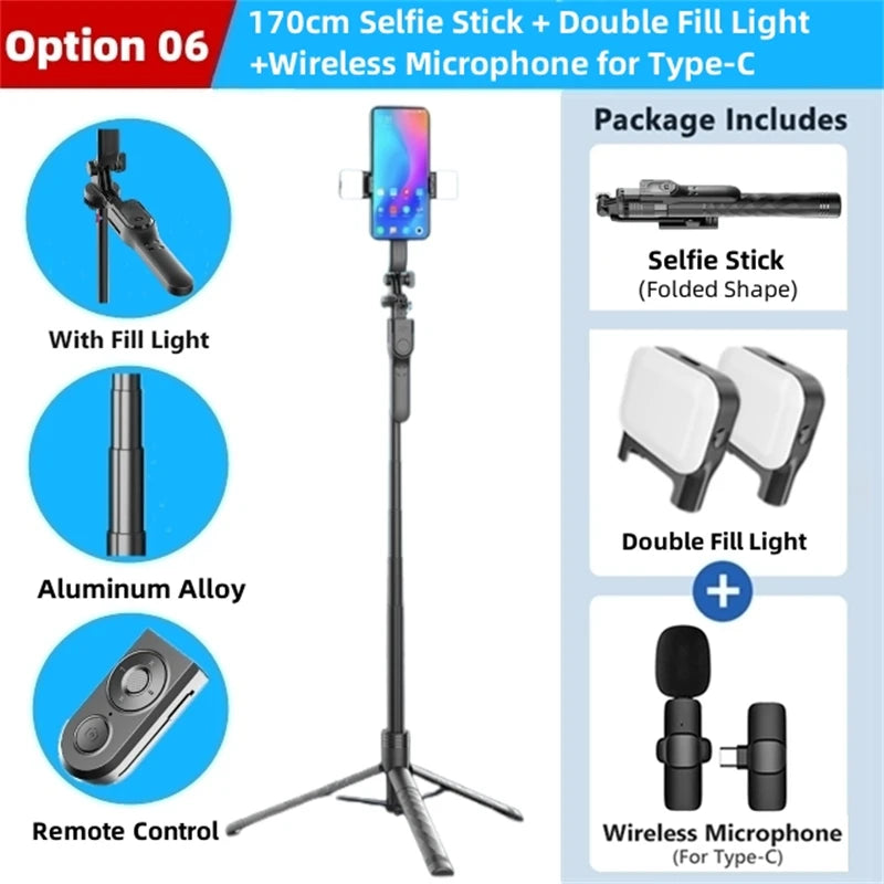 1.7-meter Wireless Selfie Stick Tripod Stand Foldable Monopod With Led Light For Smartphones Balance Steady Shooting Live