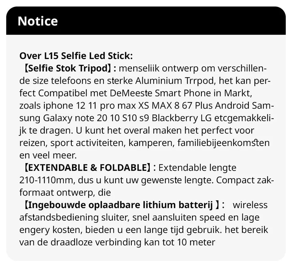 L15 Wireless Selfie Stick Tripod Stand Foldable Monopod With Led Light For Smartphones