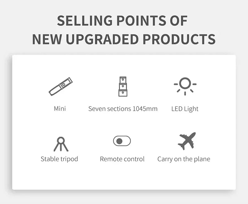 Selfie Stick for Android IOS Cellphone 1045mm with Wireless Bluetooth LED Fill Light Extended Tripod with Remote Shutter