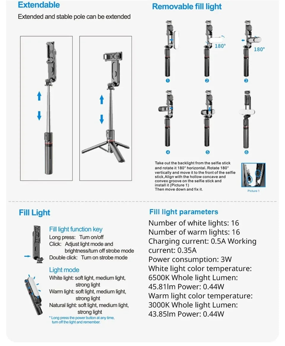 L15 Wireless Selfie Stick Tripod Stand Foldable Monopod With Led Light For Smartphones