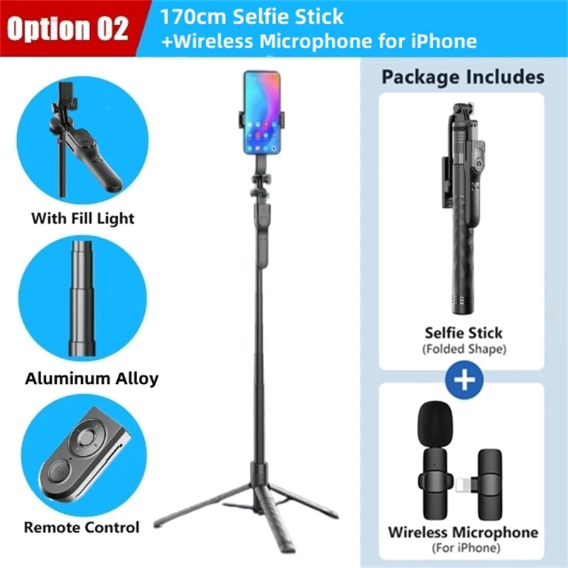 1.7-meter Wireless Selfie Stick Tripod Stand Foldable Monopod With Led Light For Smartphones Balance Steady Shooting Live