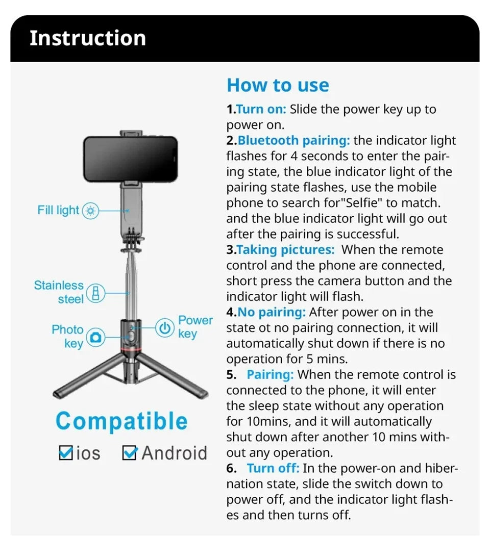 L15 Wireless Selfie Stick Tripod Stand Foldable Monopod With Led Light For Smartphones
